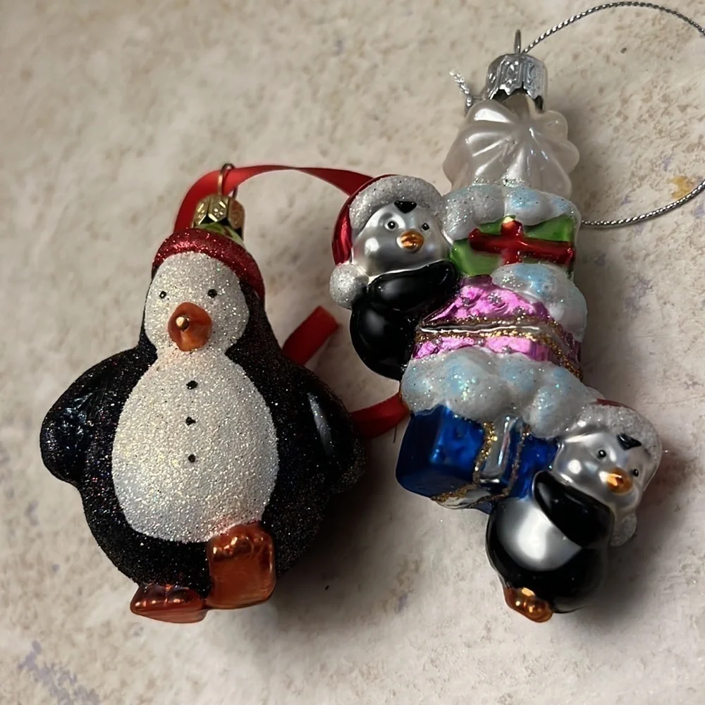 Vintage lot of 2 Penguin Santa Hats Christmas Ornaments